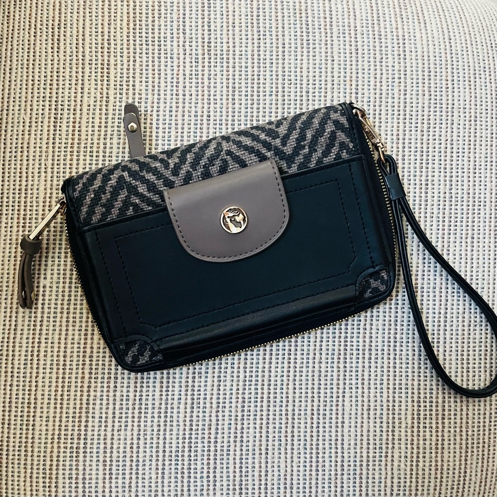 SPARTINA Lorelei Black Taupe Leather & Canvas Mid Sized Wallet/Wristlet